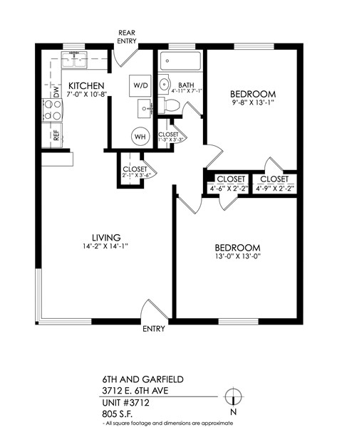 A floor plan of a two bedroom apartment with a living room and kitchen.